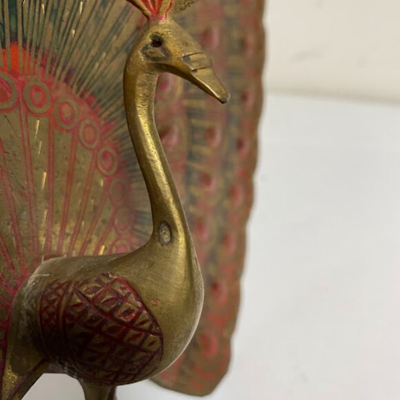 Vintage Indian Hand-Etched Red Green Enamel Brass Peacock Figurine 8" - Picture 12 of 12